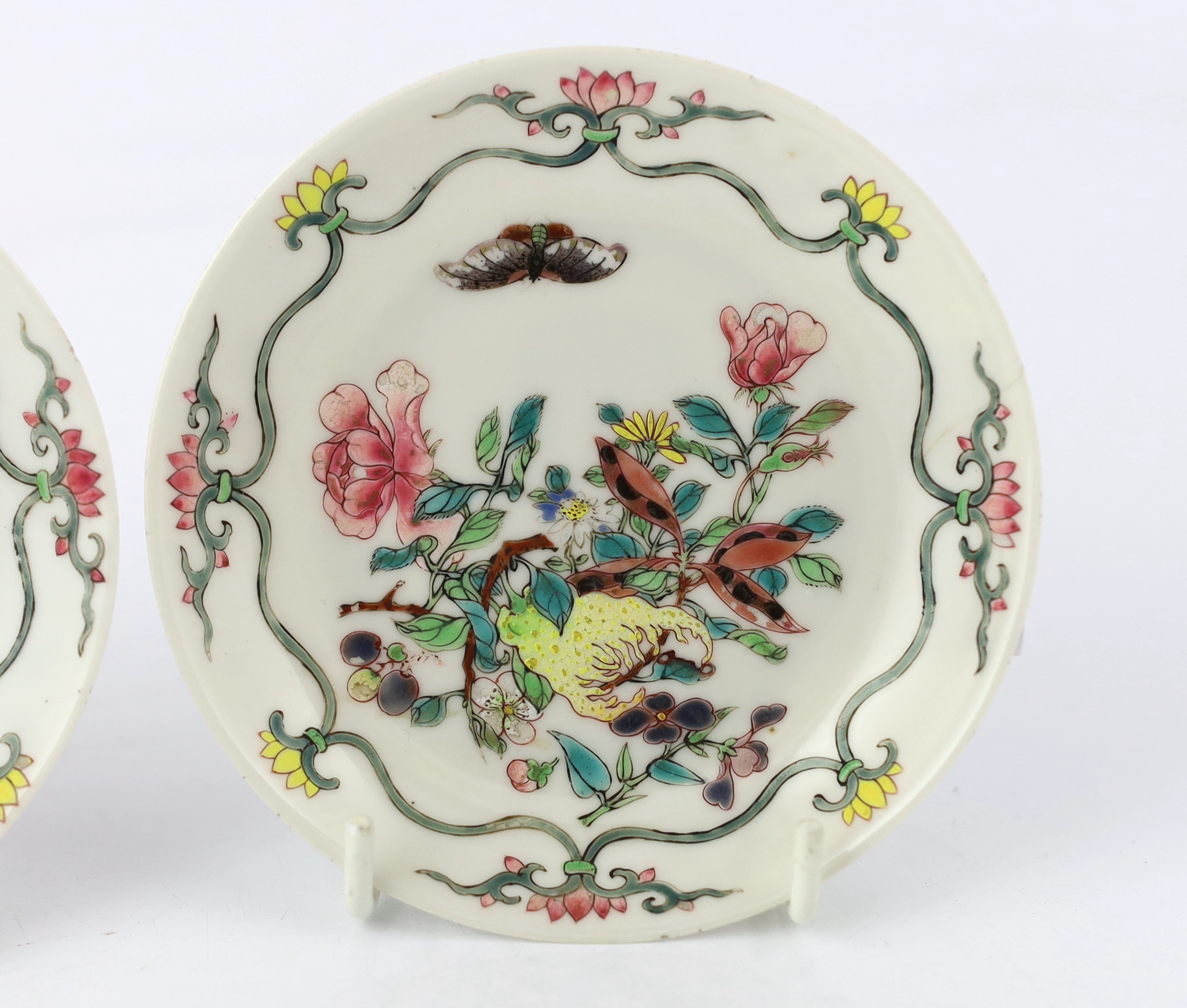 A pair of Chinese famille rose semi-eggshell porcelain saucer dishes, Yongzheng period